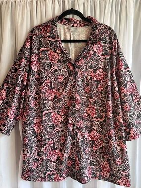 Catherines Pink Black Paisley Floral Button-Up Top 3/4 Sleeve Oversized 2X